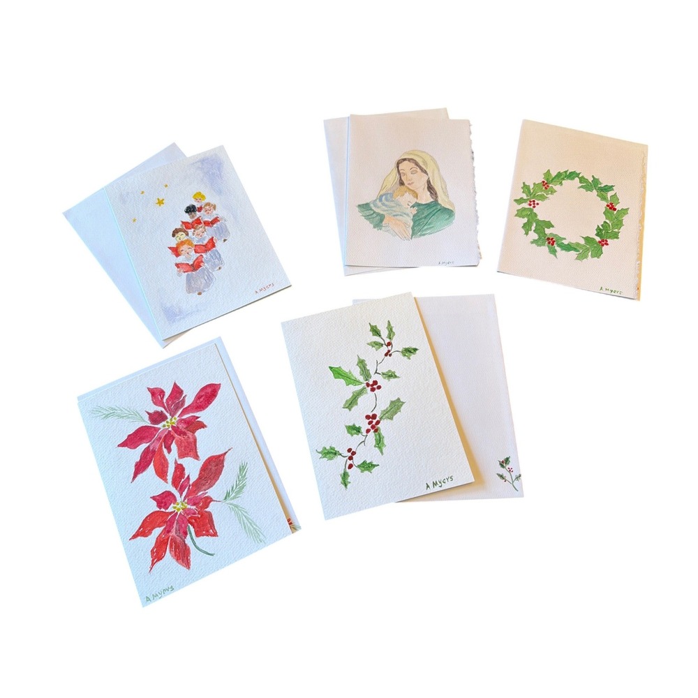 Handmade‎ Watercolor Christmas Cards Set of 5 with Envelopes